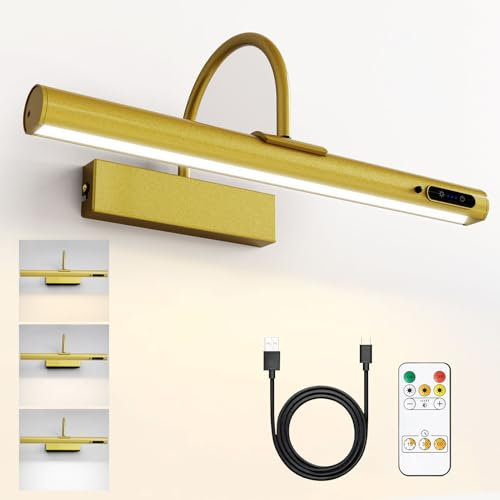 HARPER LIVING Wireless Picture Light, Rechargeable Battery Wall Lamp with Remote, 180° Adjustable Magnetic Painting Light with Timer LED Wall Sconce for Pictures Dartboard Artwork Gallery-Gold