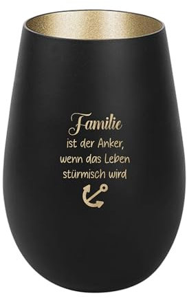 Der-Porzellan-Laden Windlicht mit Gravur Familie ist der Anker, Schwarz Gold, Teelichthalter aus Glas mit Spruch, Tischdeko modern