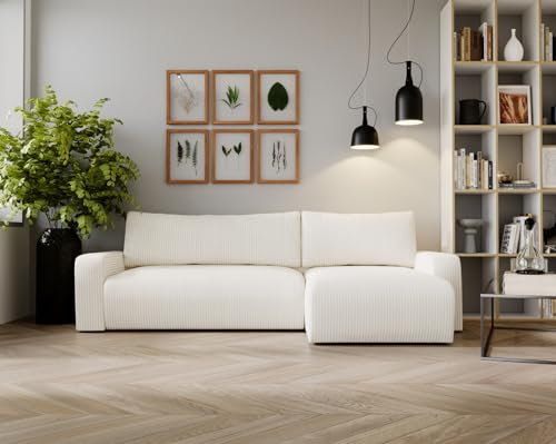 Kaiser Möbel, Ecksofa mit schlaffunktion, mit Bettkasten, Schlafsofa Argon, Designer Sofa, Modern Design Couch, Polsterecke, Freistehend, Zoom Stoff- Dicker Cord Weiss Ottomane Rechts