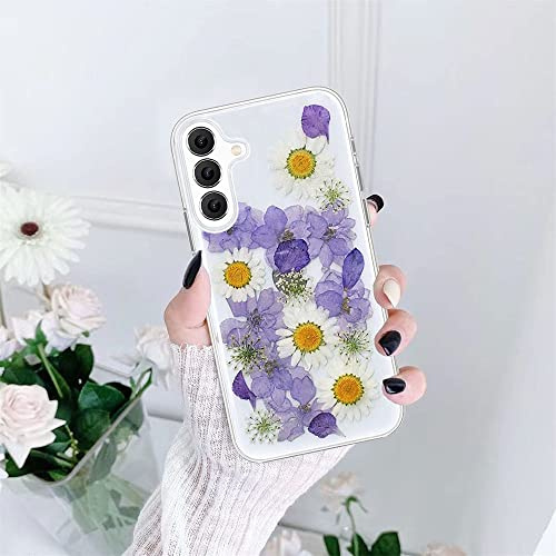 EYZUTAK Hülle für Samsung Galaxy S24 5G - Aus flexiblem transparentem TPU-Gel - Handgefertigt - Getrocknete Blumenblätter - Gepresstes Blumenmuster - Für Frauen und Mädchen - Lila Blumen und