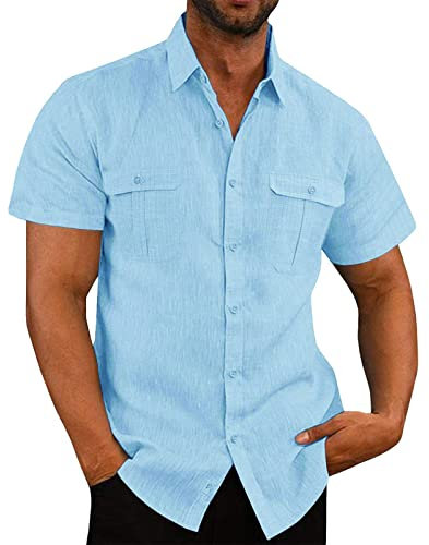 Mens Linen Shirts Short Sleeve Button Down Shirts UK Regular Fit Casual Smart Lapel Collar Cotton Linen Blouse Tops Solid Summer Beach Hawaiian Grandad Shirt with Double Pocket Light Blue