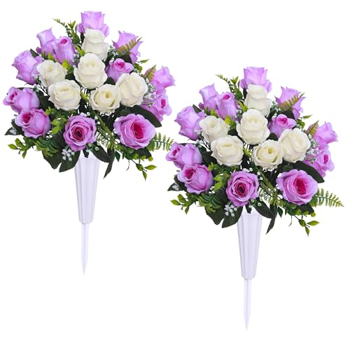 Lodou Fleurs artificielles de cimetière avec vase pour décoration de tombe (violet avec blanc, 2 bouquets)
