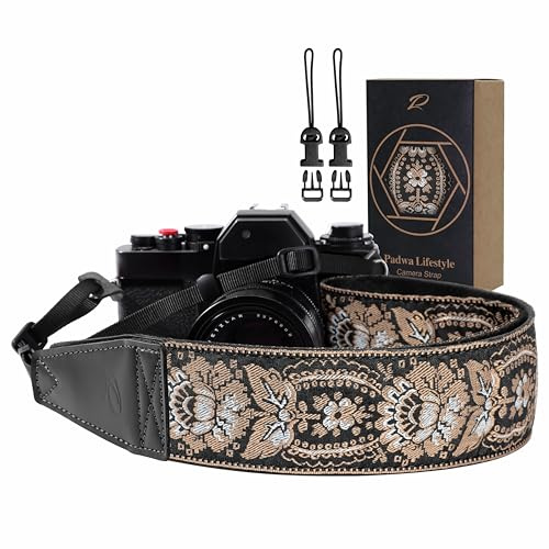 Padwa Lifestyle Camera Strap - 2 Full Grain Leather Ends Camera Straps for Photographers, Vintage Embroidered Cotton Weave Soft Suede Fabric Padded Strap Quick Release fits All Cameras