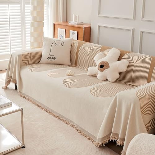 Epinki Couchbezug, 180x150CM Sofahusse 1 Sitzer mit Quaste Streifen Muster, Kratzfester Couchbezug Hund aus Chenille Möbelschutz-Sofabezüge, Khaki