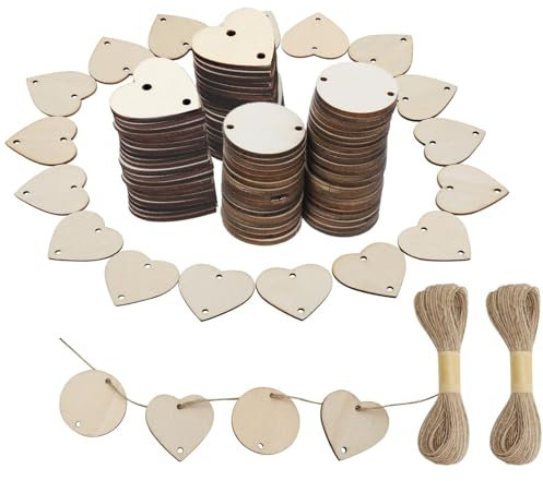 150 Stück Holzscheiben Set für DIY Basteln, Runde und Herzförmige Naturholzscheiben mit Jute Schnur, Ideal für Geburtstagskalender, Hochzeitsdeko, Geschenkanhänger, Streudeko und Partydekoration