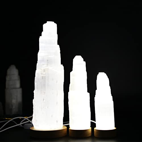 LANDSTER Selenit USB Lampe Selenit Tischlampe LED Weißlicht mit Holzsockel Ladeturm Selenit kristall nachttischlampe Edelstein lampe Reinigung Dekoration home decor (20 CM)
