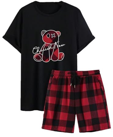 WAZHAKU Schlafanzüge für Herren Kurzarm Sommer Pyjama Männer Nightwear Rundhals Pyjamaset Kurz Bärenmuster T-Shirt + Kariertes Schlafanzughose Shorts Hausanzug Baumwolle Sleepwear Sportanzug