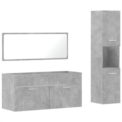vidaXL 3 Piece Bathroom Furniture Set - Concrete Grey Engineered Wood Vanity Unit, Wall-Mounted Cupboard & Minimalistic Mirror - Ample Storage, Modern Design