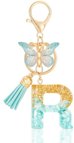 MWOOT Letter R Keychain Initiale Buchstaben-Schlüsselanhänger,Alphabet Harz Key Chain mit Schmetterling Quaste Anhänger Handtasche Geldbörse Charm,Grün Keyring für Frauen(R)