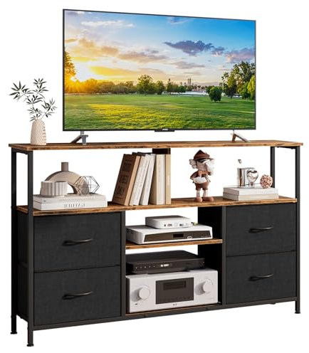 KZOBYD TV Stand with Drawers, TV Console Table with Open Storage Shelves, Television Table for TVs, 4 Tier TV Unit Multimedia Centers for Living Room, Bedroom, Length 47 inch