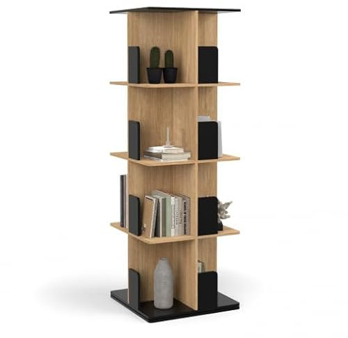 IDMarket - Bücherregal, drehbar, 4 Ebenen, Schwarz und Holzeffekt