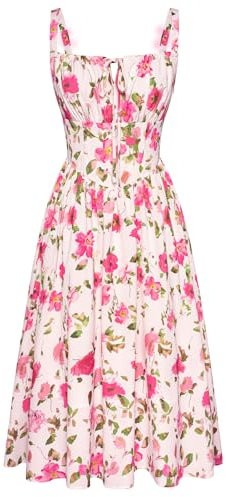 Ladies Summer Dress Women’s Casual Elegant Long Pink Floral Dresses Spaghetti Strap Swing Flowy Dresses Beige Rose-Red Floral M