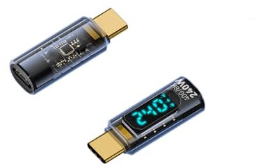SOOPII 240W USB C Medidor de potencia Adaptador Bidireccional con Indicador de Voltaje Corriente y Potencia Adaptador USB C Macho a Hembra para iPhone 16 MacBook, Pack 2 Pack Transparente Azul