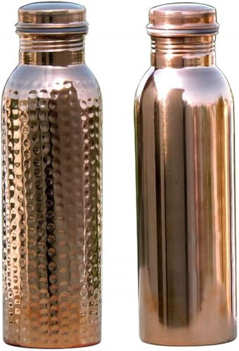 Traveller's 100% Pure Copper Water Bottle Set of 2 Hammered And Plain Combo 900 ml
