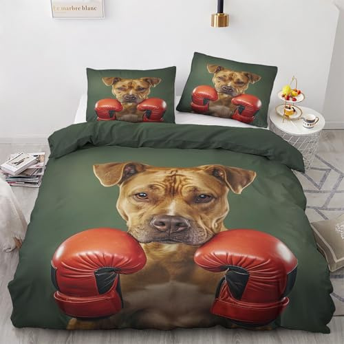 Luxfieo Pitbull Deko - Winter Bettwäsche 135x200 Pitbull, 3D Boxing Hund Bettbezug 135 x 200 2er Set mit 1 Kissenbezug 80x80, Weiche Mikrofaser Winterbettwäsche mit Reißverschluss R&*6