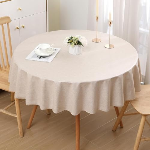 smiry Round Table Cloth Wipe Clean 150 cm, Beige | Wipeable Water Resistant Linen Tablecloth, Fabric Washable Dining Table Cover for Kitchen Indoor Outdoor