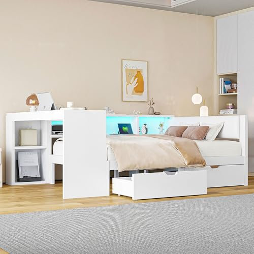 Gegtuon Schlafsofa Bett 140x200 mit LED-Licht, USB-Doppelbett Sofabett mit Regal Stauraum und 2 Schubladen, Tagesbett Jugendbett Stauraumbett Bettgestell mit Tisch und Lattenrost, ohne Matratze, Weiß