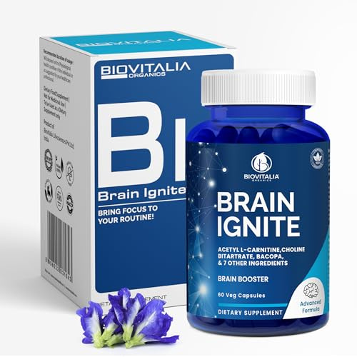 Brain Ignite Food Supplement with Bacopa Monnieri, Acetyl L-Carnitine & Choline - 60 Vegan Capsules - Botanical Blend with Manganese for Protection of Cells from Oxidative Stress - Gluten Free