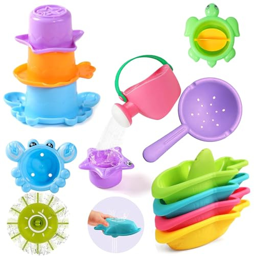 Badewannenspielzeug Badespielzeug Baby ,11-Stück Schimmelfreies Badespielzeug Set mit Stapelbechern & Gießkanne | Wasserspielzeug für Badewanne, Pool, Garten | BPA-Frei & Sicher (Farben zufällig)