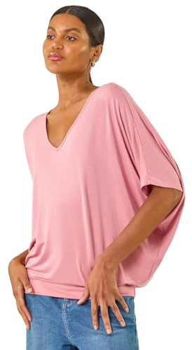 Roman Originals Blouson Top for Women Ladies Bubble Hem Stretchy Jersey Puff Sleeve Summer Smart Casual Office Work Spring Everyday Evening Vacation Work Holiday V Neck - Pink - Size 14