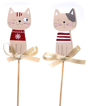 itsisa Blumenstecker Winter Katze (2er Set) mit Schleife - Winterdeko, Weihnachtsdeko, Pflanzstecker, Blumen Deko Advent, Weihnachten