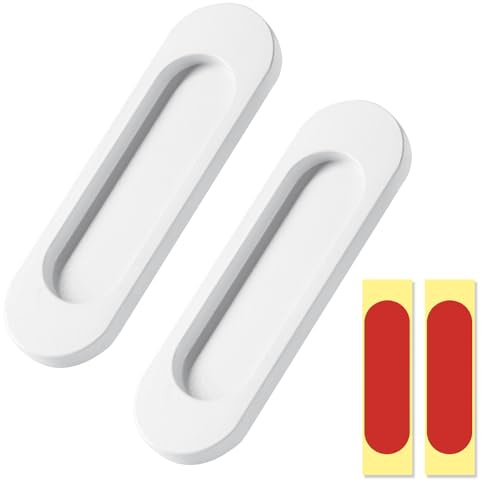 Funver Set di 2 maniglie scorrevoli ovali autoadesive, in lega di alluminio resistente, maniglie da incasso, senza foratura, per porte di fienile, armadi, cassetti, 30 x 100 mm (bianco)