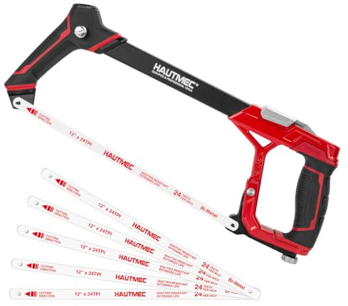 HAUTMEC 300mm Fast Tension Hacksaw with Extra 5 HSS Blades, Heavy-Duty Aluminum Frame, Quick-Change Tension, Blade Storage, Expert Hack Saw with Dual Cutting Angles for Metal, PVC, Wood - HTHSH25034