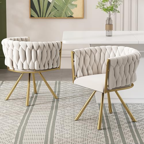 Merax Drehstuhl 2er Set, Moderne Armlehnstuhl aus Samt, Esszimmerstuhl Drehbar mit Metallbeinen, für Esszimmer, Wohnzimmer, Schlafzimmer, Beige und Gold