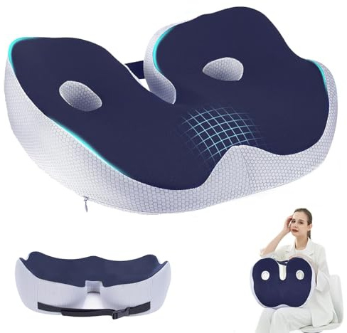 Vichirskit Sitzkissen Orthopädisch, Memory-Sitzkissen für Bürostuhl, Ergonomisches Steißbeinkissen mit Verstellbaren Gurten, Ischias-Schmerzlinderung Hämorrhoiden für Rollstuhl, Auto, Flugzeug - Blau