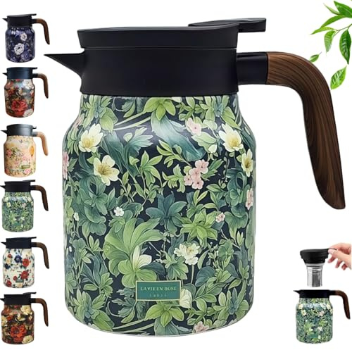 Upgrade Bloom On Hotpot Teekanne, Vintage-Teekanne Edelstahl mit Blumenmuster Integriertem Teesieb und feinmaschigem Filter (D,1000ML)