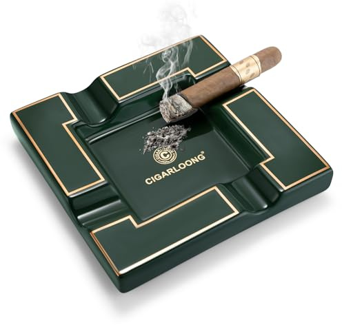 CLZOONG Cigar Ashtray, Ceramics Cigar Holders for Cigars, Large 4 Slots Rest for Household or Outdoors Use (Green)