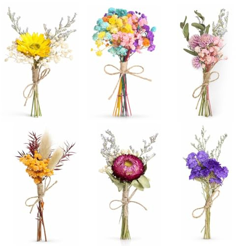6 Stück Bündel Trockenblumenstrauß Mini Echten Trockenblumen zum Basteln Boho Trockenblumenstrauß Klein Handgemachter Blumenstrauß Getrocknete DIY Trockenblumen Blumen Deko für Bilderrahmen