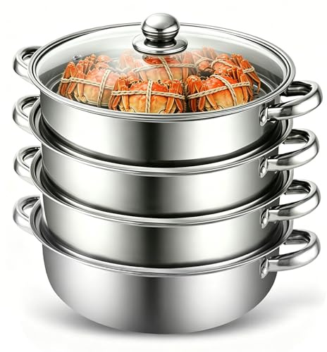 MeYuxg Olla Vaporera,28cm Acero Inoxidable Vaporera con Inserto de Vapor y Tapa de Cristal,ollas de 3/4 niveles para verduras, mariscos, sopas y pasta(Cuarto)