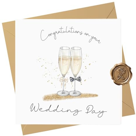 Tayenura Wedding Card for Bride and Groom with Champagne Flutes and Bow Detail, Stylish Set with Kraft Envelope and Embossed Seal Sticker, Thoughtful Wedding Gift for the New Mr and Mrs