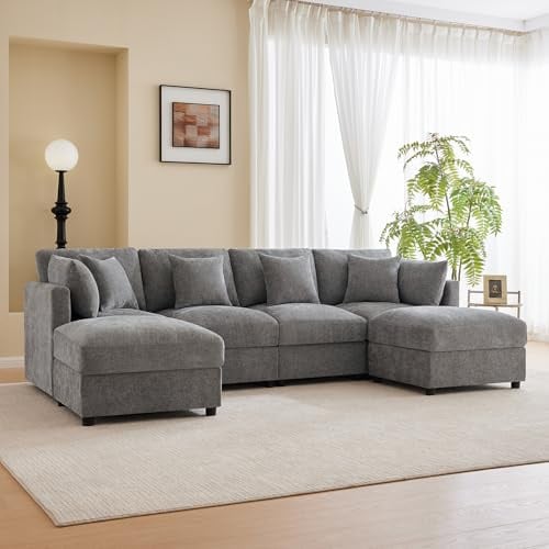 BXEYXE Modulares U‑/L‑förmiges Chenille‑Sofa mit 2 Hockern, umwandelbare Eckcouch mit verstellbaren Armlehnen, Cloud‑Sofa‑Design, inkl. 4 Dekokissen und 2 Kopfstützen, Chenille‑Stoff, Grey