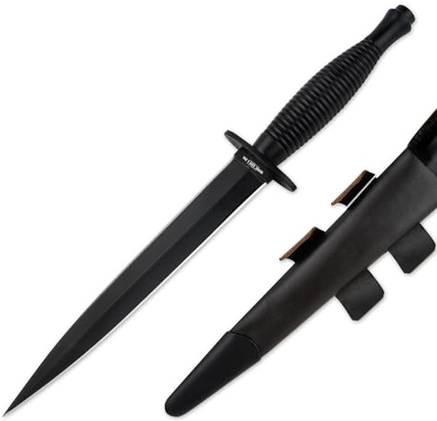 HISTORY KNIFE & TOOL® Commando Dagger - Militär Dolch nach historischem Vorbild der Kommadodolche der Alliierten im 2 WK - Arme Dolche mit Alu-Griff - Gürtelmesser zweischneidig mit Leder-Scheide