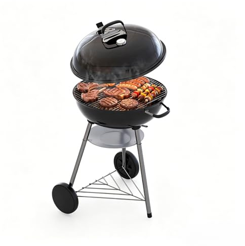 Aoxun Barbecue sphérique au charbon de bois de 57 cm avec thermomètre et alimentation d'air réglable, bac de barbecue émaillé résistant aux rayures, bac de récupération des cendres, roulettes et