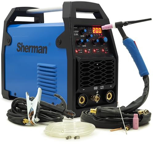 Sherman TIG 215P - Saldatrice TIG AC DC, in alluminio, 230 V, inverter 200 A, saldatrice a gas protettivo con funzione a impulsi, saldatrice a elettrodi, accensione HF, officina, TIG 215P