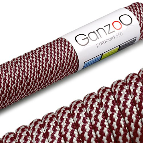 Ganzoo Paracord 550 Seil, Nylon-Polyester, 4mm, Typ 3, 30 Meter, 7 Kernstränge, Outdoor-Schnur, Allzweck-Seil, Hundehalsband, Hundeleine, Armband knüpfen, Camping, Survival - rot weiß