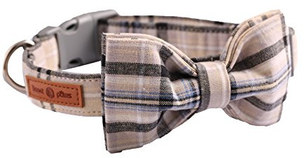 Lionet Paws Cat and Dog Collar with Bowtie,Grey Plaid Cotton Collar with Plastic Buckle,Adjustable Collars for X-Large Dogs,Neck 16-26in