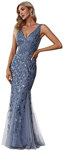 Ever-Pretty Damen Abendkleid Meerjungfrau Pailletten Tüll V Ausschnitt lang Staubiges Blau 44