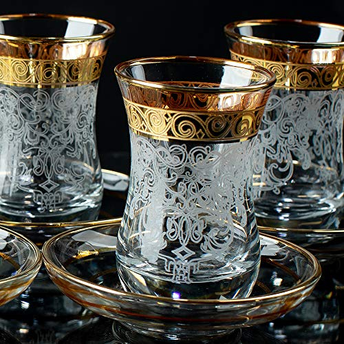 Lot de 6 verres à thé turcs vintage pour femme - Style théière marocaine persane - Plateau décoratif doré - Pour adultes