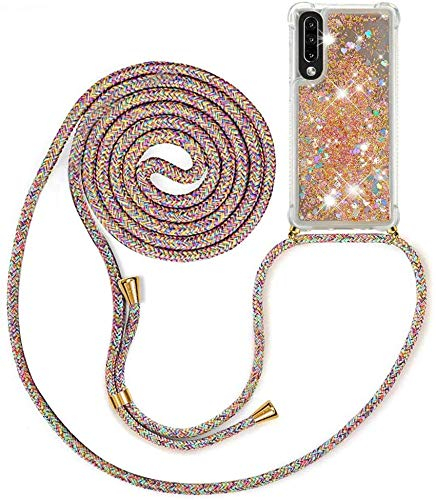 Handykette kompatibel mit für Samsung Galaxy A70 Hülle,Glitzer Hülle Flüssig Bewegende Treibsand Transparent Handyhülle - Silikonhülle, Hülle mit Band, Stylische Kette mit Hülle für Samsung A70