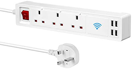 ENERJ 13A SMART Smart Power Extension Strip or Lead, 3 AC Outlets and 4 DC USB Port Compatible With Alexa and Google Home Assistant, App Remote Separate Control or Group Control Your Home Appliance.