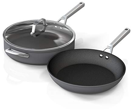 Ninja C33000 Foodi NeverStick Premium 3-Piece Cookware Set, 12-Inch Fry Pan, 5-Quart Sauté Pan with Glass Lid, Hard-Anodized, Nonstick, Durable & Oven Safe to 500°F, Slate Grey