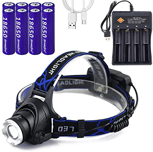VISVIC USB Headlamp, USB Rechargeable Led Head Lamp,Waterproof Headlight,3 Modes and Adjustable Headband,with 8PCS Battery and 4-Slot USB Charger Perfect for Camping, Hiking