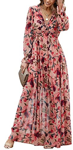 Women Bohemian Maxi Dress Chiffon Long Sleeve V-Neck Ruffle Elegant Flowy Floral Party Dress (M, Multicoloured)