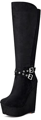 NobleOnly Scarpe col Tacco Donna Plateau Zeppa Stivali Metà Polpaccio Cerniera Wedge Boots 16CM High Heels Nero Pulsante Scarpe EU 39