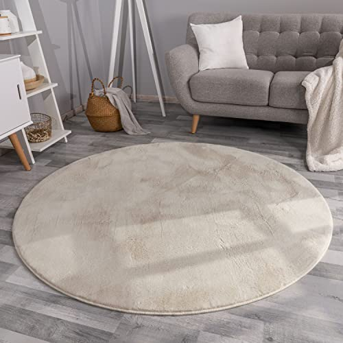 TT Home Wohnzimmer Teppich Hochflor Langflor Kunstfell Weich Modern Unifarben Flauschig, Farbe: Creme, Größe:100 cm Rund