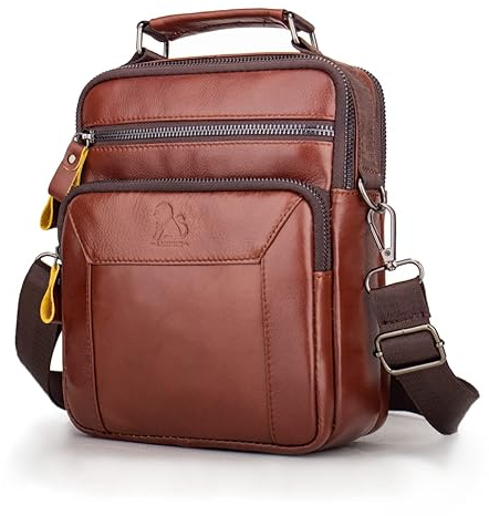 LOONGYOON Neue Leder Umhängetasche Herren vertikalen Absatz Quadratische Tasche Mode lässig Kleinen Rucksack Business Travel Multi-Pocket Handtasche(Braun)